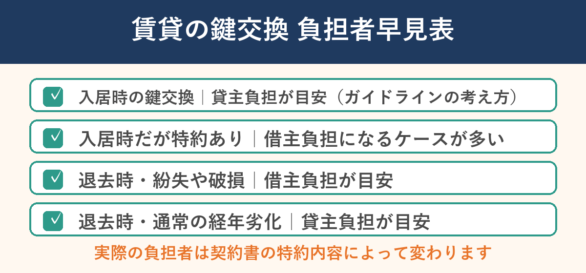 賃貸の鍵交換 負担者早見表