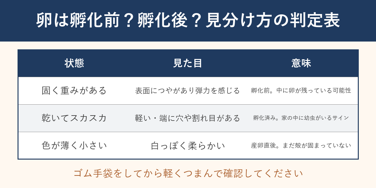 ゴキブリの卵が孵化前か孵化後かを見分ける判定表