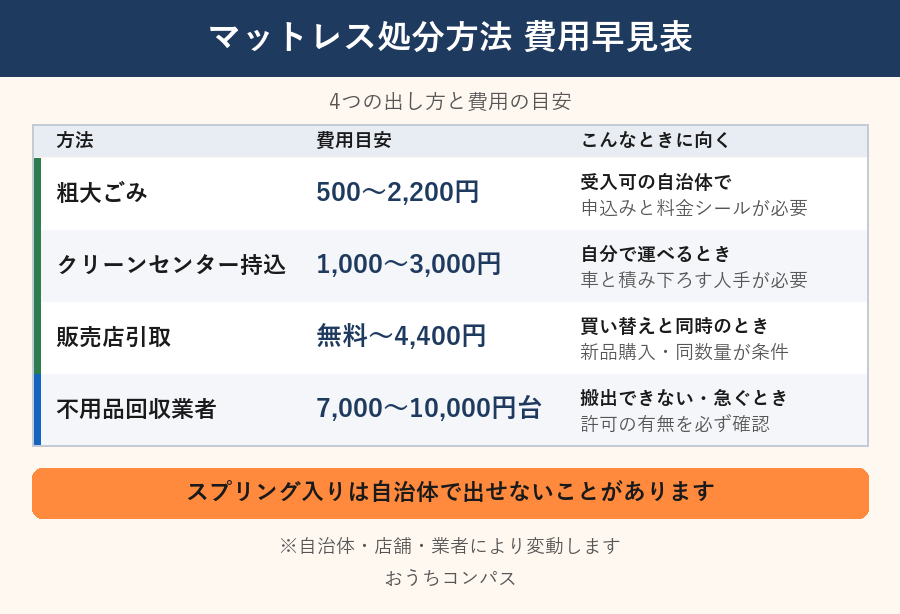 マットレス処分の費用早見表。粗大ごみ・クリーンセンター持込・販売店引取・不用品回収業者の4ルートの費用目安と向いている場面
