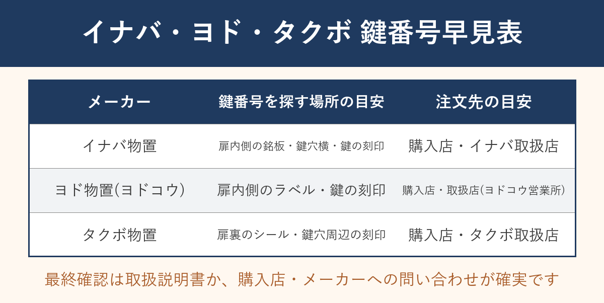 イナバ・ヨド・タクボ3メーカーの鍵番号を探す場所と注文先の早見表