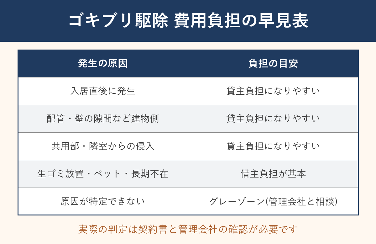 ゴキブリ駆除の費用負担早見表