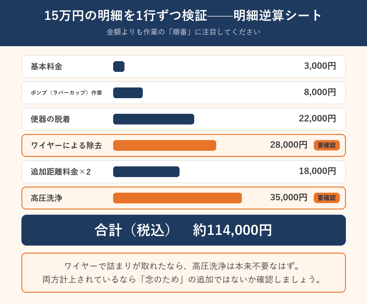 15万円の明細逆算シート、合計114000円でワイヤーと高圧洗浄の重複を確認