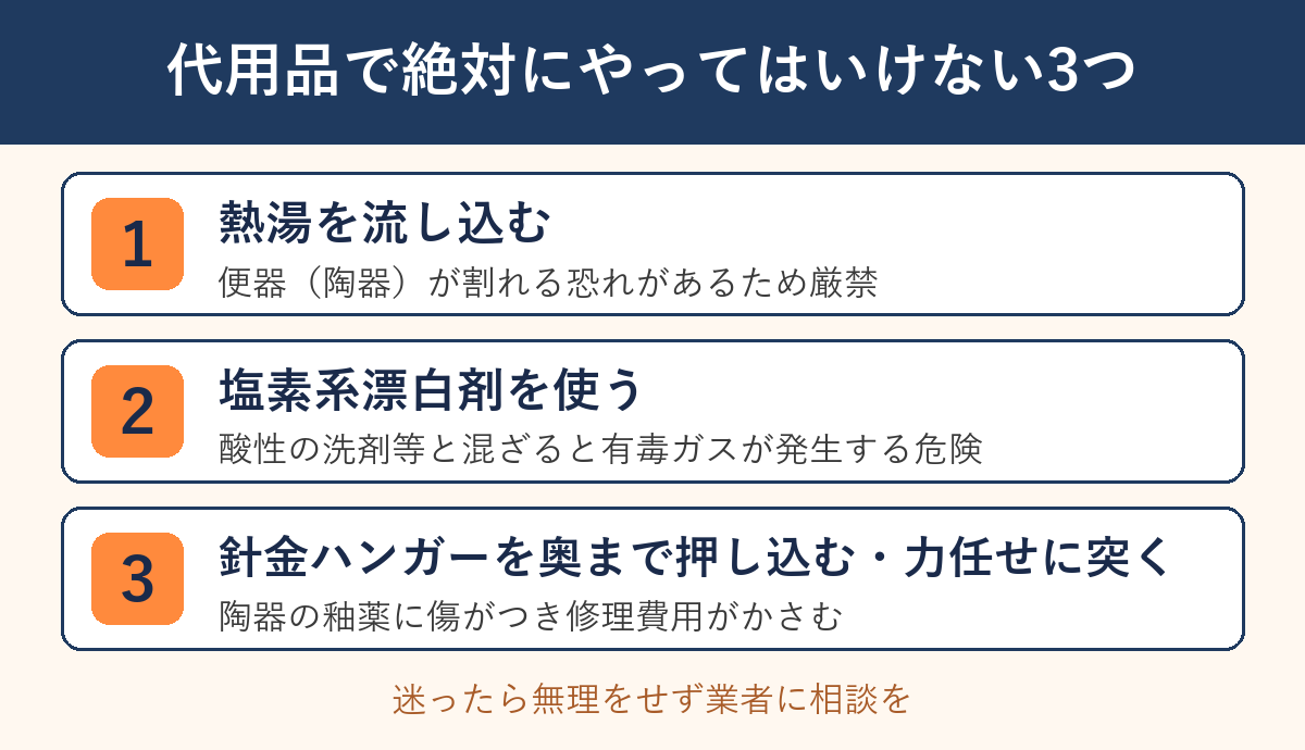 トイレ詰まりの代用品で絶対にやってはいけない3つの図解